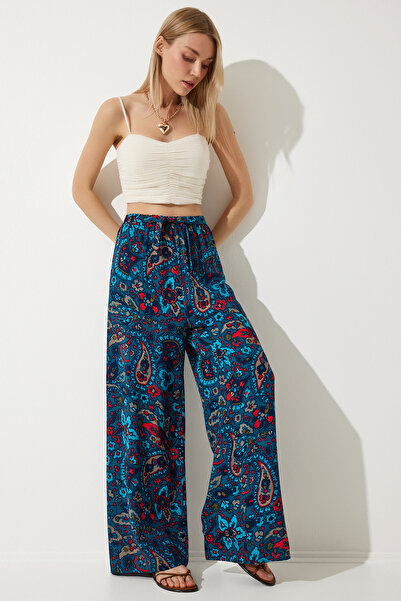 Happiness İstanbul Kadın Koyu Kobalt Mavi Yüksek Bel Yazlık Bol Viskon Pantolon BH00354