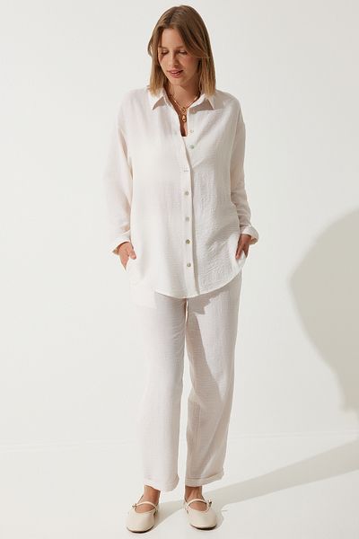 Happiness İstanbul Women's Bone Linen Oversize Shirt Loose Pants Set UL00019