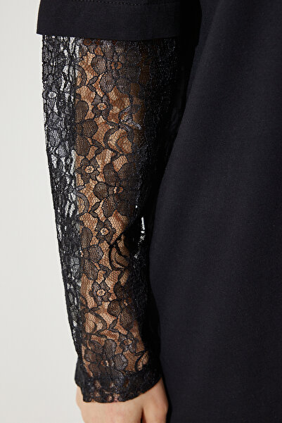 Happiness İstanbul Жіноча чорна туніка з мереживними рукавами вільна довга туніка Orme NJ00149