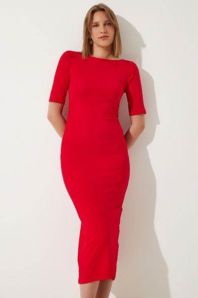 Happiness İstanbul Women's Red Gather Detailed Summer Knitted Dress UB00269