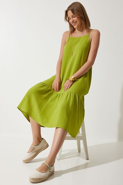 Happiness İstanbul Women's Pistachio Green Strappy Summer Loose Muslin Dress BP00163