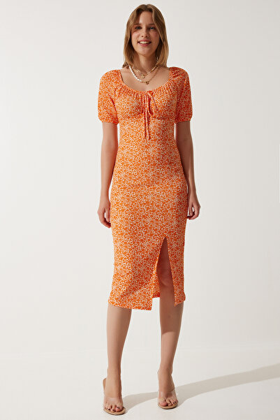 Happiness İstanbul Damska pomarańczowa wzorzysta marszczona sukienka z dzianiny CI00102