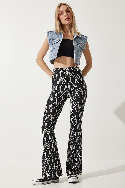 Happiness İstanbul Women's Black Patterned Flare Leg Knitted Trousers GT00179