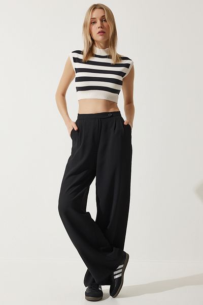 Happiness İstanbul Schwarze, lockere Palazzo-Hose für Damen RV00191