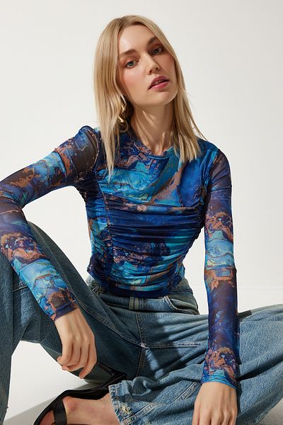 Happiness İstanbul Kurze, leicht transparente Strickbluse aus Tüll für Damen in Blau AN00194