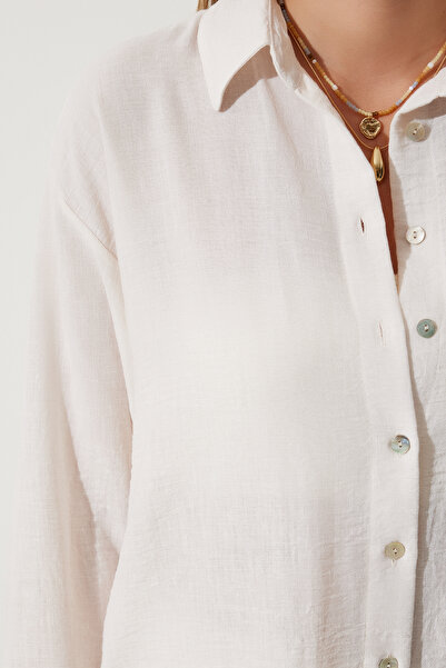 Happiness İstanbul Women's Bone Linen Oversize Shirt Loose Pants Set UL00019