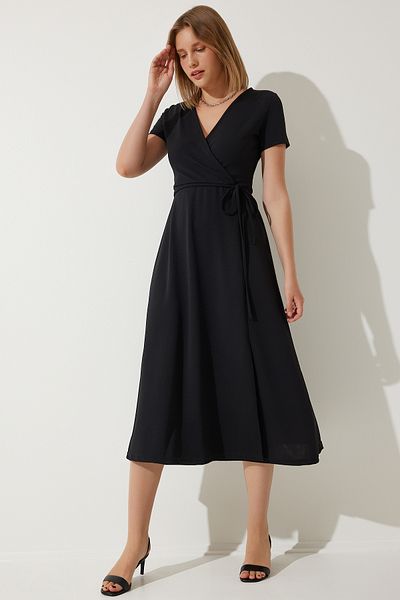 Happiness İstanbul Schwarzes Midi-Strickkleid mit V-Ausschnitt und Wickeldesign für Damen TO00134