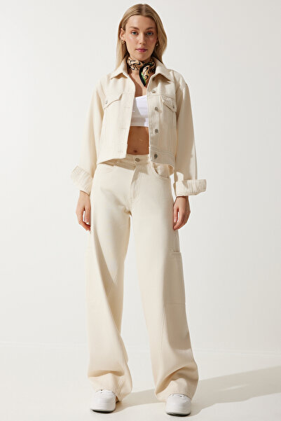 Happiness İstanbul Women's Bone Short Denim Jacket FN03182