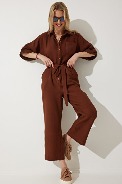 Happiness İstanbul Women's Brown Premium Belted Muslin Jumpsuit RG00029