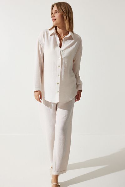 Happiness İstanbul Women's Bone Linen Oversize Shirt Loose Pants Set UL00019