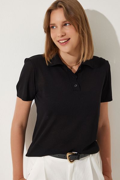 Happiness İstanbul Damen Schwarz Rollkragen Leicht Transparent Sommer Strick Bluse YY00209
