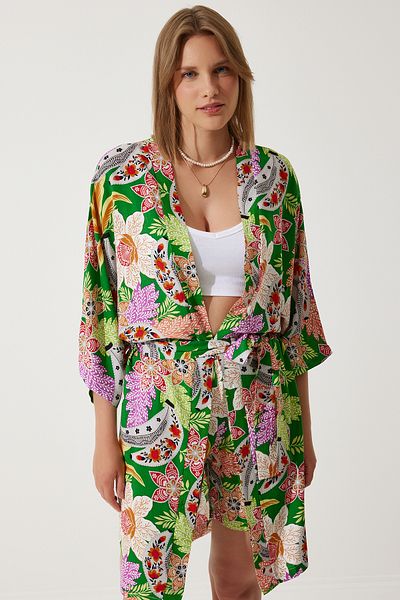 Happiness İstanbul Grünes Sommer-Kimono-Shorts-Set aus Viskose für Damen, BP00161