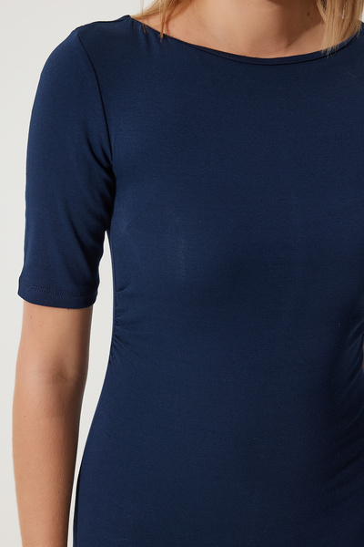 Happiness İstanbul Női sötétkék Gather részletes nyári kötött ruha UB00269