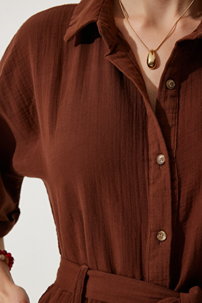 Happiness İstanbul Women's Brown Premium Belted Muslin Jumpsuit RG00029