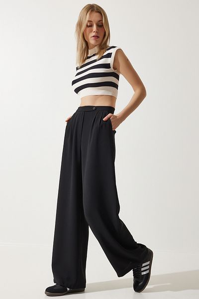Happiness İstanbul Schwarze, lockere Palazzo-Hose für Damen RV00191