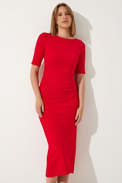 Happiness İstanbul Women's Red Gather Detailed Summer Knitted Dress UB00269