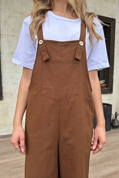 Trend Alaçatı Stili Brauner Gabardine-Gärtner-Jumpsuit für Damen mit Taschen auf der Vorderseite ALC-X12186