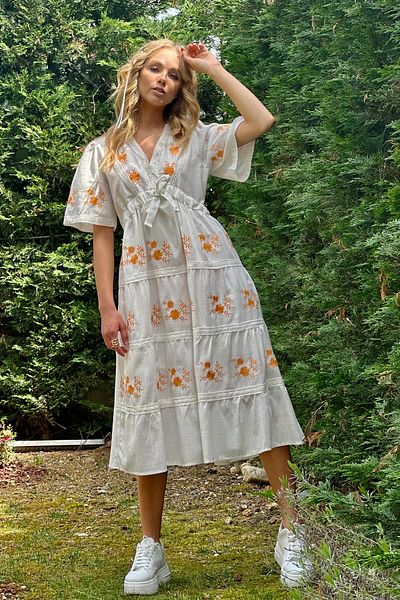 Trend Alaçatı Stili Women's White V-Neck Gathered Waist Embroidered Lined Midi Length Woven Dress ALC-X12147