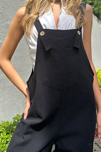 Trend Alaçatı Stili Schwarzer Gabardine-Gärtner-Jumpsuit für Damen mit Taschen auf der Vorderseite ALC-X12186