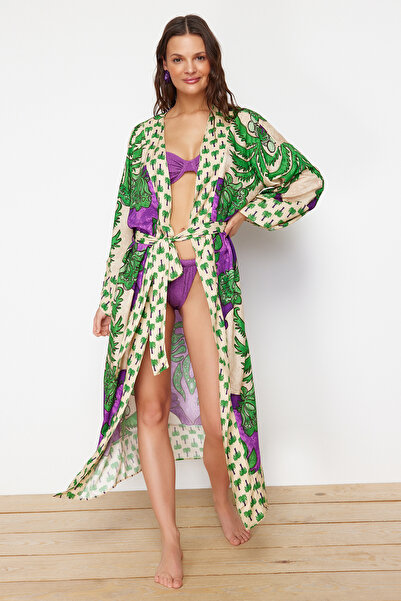 Trendyol Collection Tropical Patterned Belted Midi Woven Kimono&Kaftan TBESS21KM0171