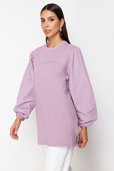 Trendyol Modest Popelínová pletená mikina – fialový rukáv, TCTSS24UK00041