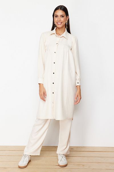 Trendyol Modest Stone Linen Aerobin Long Shirt Woven Bottom-Top Set TCTSS24US00081