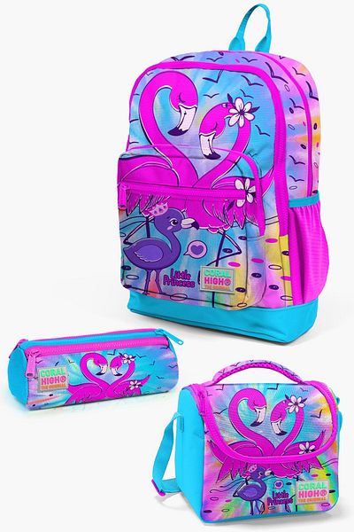 Coral High Set de 3 genți de școală cu model flamingo albastru roz pentru copii