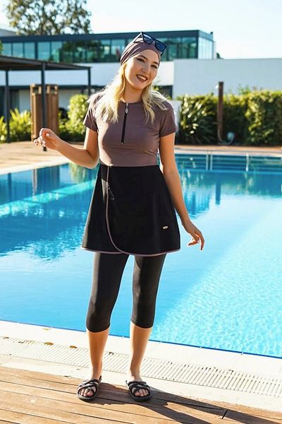 İYİBU Short Sleeve Skirted Tights Semi Covered Dress Swimsuit Quick Dry Fabric Tights Swimwear
