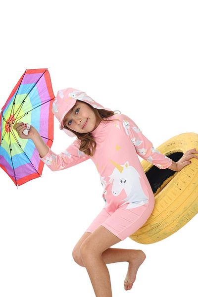 My Kids Wear Zippered Long Sleeve Girl's Swimsuit with Hat