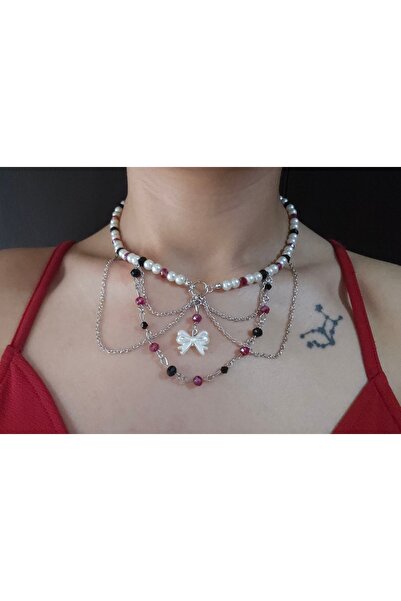 LE&DA Accessory Özel Tasarım Coquette Kırmızı Taşlı İnci Kolye