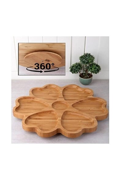 Asil Konsept 7 Bölmeli 25 cm Bambu Ahşap Döner Stantlı Servis Tabağı Kalp Şek...