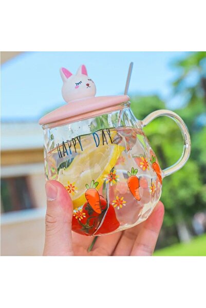 Coverzone Happy Day Havuç Desenli Tavşan  Figürlü Cam Pipetli Kapaklı Cam Bar...