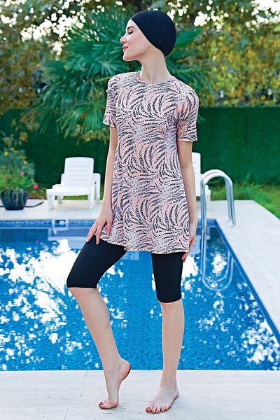 Ruko Maio Women's Large Size Short Sleeve Salmon Hijab Swimsuit C6T5N4O2