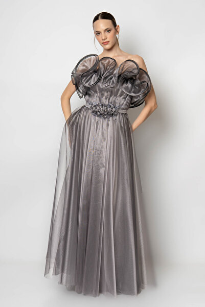 RENGIN Göğsü fırfırlı beli çiçek kemerli tül abiye elbise