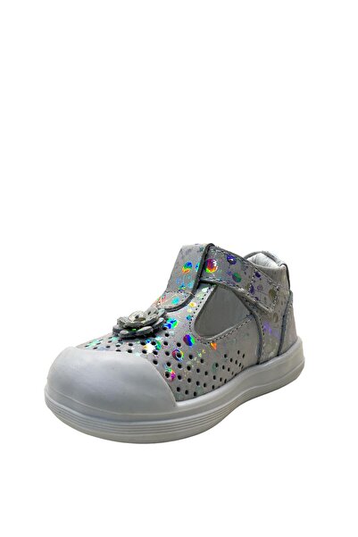 Tuğba Ortopedi 212-1 Model Orthopedic Genuine Leather - Silver Nubuck Floral Baby Girl First Step Shoes