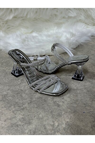 Nstil Silver Rhinestone Hologram Thick Transparent Heeled Blunt Toe Evening Dress Sandals - 6100