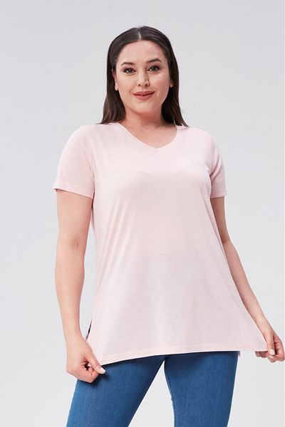 Seamoda Plus Size V-Neck Slit Cotton Basic T-shirt-POWDER PINK