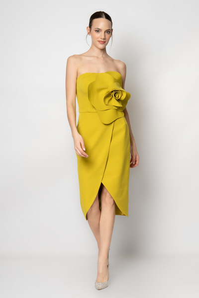 RENGIN Göğsünde büyük çiçekli krep abiye elbise