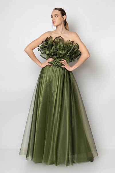 RENGIN Göğsü fırfırlı beli çiçek kemerli tül abiye elbise