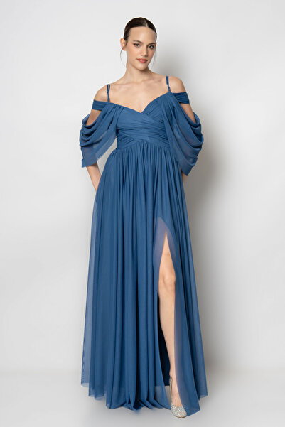 RENGIN Göğsü kruvaze çift askılı tül abiye elbise