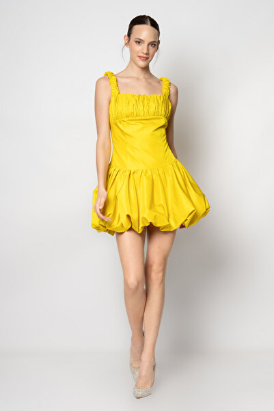 RENGIN Göğsü ve askıları büzgülü balon etek tafta mini abiye elbise