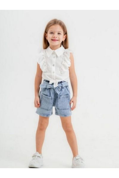 Miss Olix Ruffle Lacing Shirt-Denim Shorts