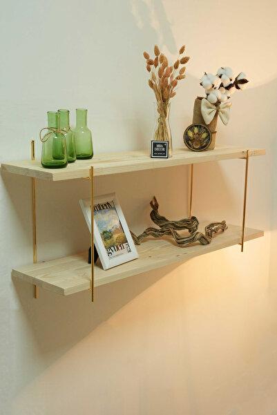 mba decor metal bending art İki Katlı Masif Doğal Ahşap Gold Kaplama Duvar Rafı Kitaplık Düzenleyici Büyük Boy DoubleShelf 80x20