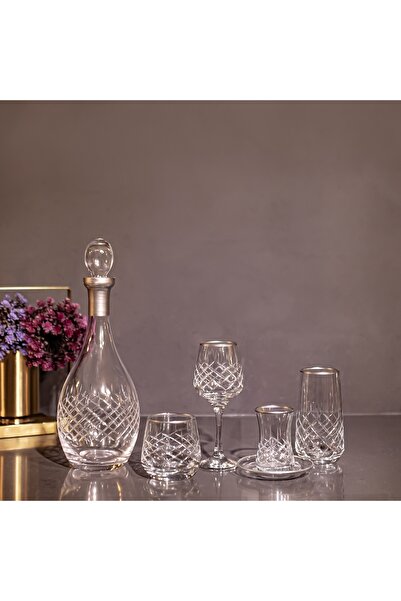 sudeka 31 Parça 6 Kişilik Kareçubuk Gümüş El Dekor Kristal Kesme Cam Su Takımı