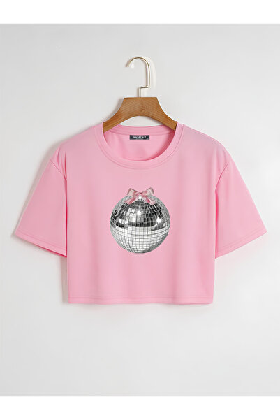 Mad&Calf تي شيرت نسائي قصير كبير الحجم مطبوع عليه كرة ديسكو