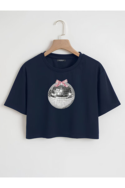 Mad&Calf Kadın Disco Ball Baskılı Oversize Crop Tee