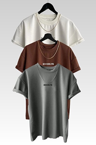 over head oh Tricou oversize, unisex, alb-afumat-maro, 3 piese, imprimat Broo...