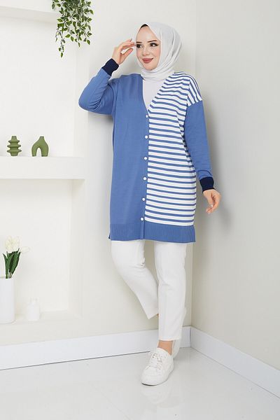 Pamuk Butik Women's Mercerized Stripe Detailed Striped Knitwear Cardigan