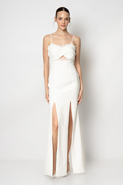 RENGIN Göğsü çapraz bantlı yakası dantel detaylı ince askılı krep abiye elbise