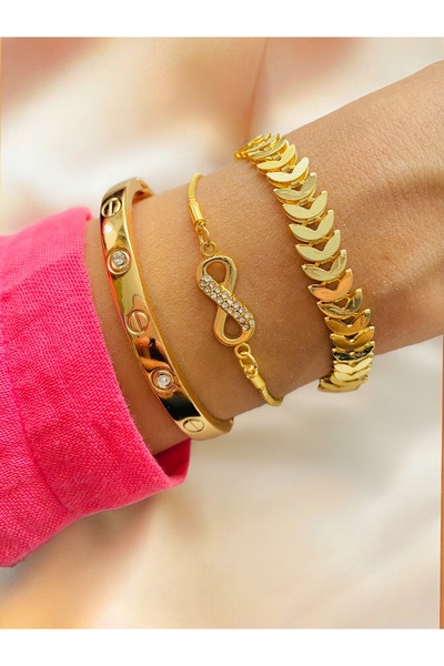 xesha Altın Kaplama 3 lü Kombin Bileklik Seti Gold Renk Kadın Zincir Bilezik Künye Asansör